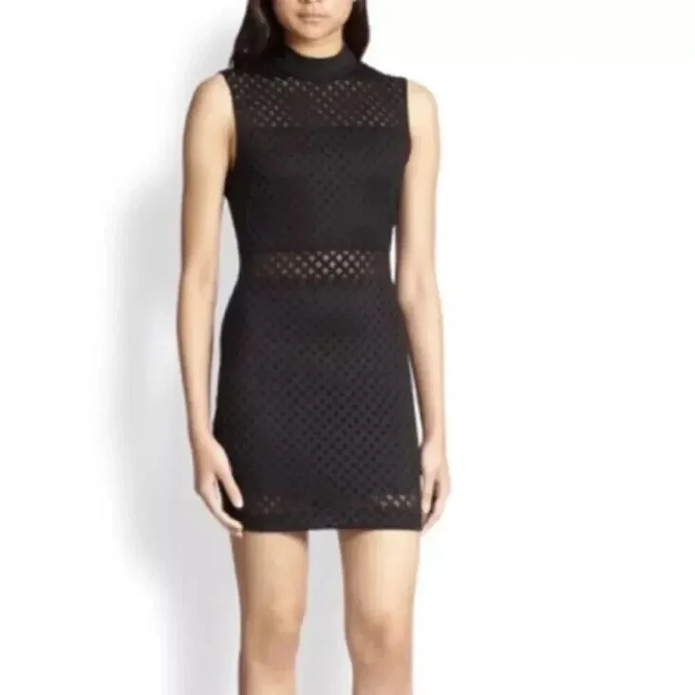 Elizabeth & James Black Neri Dress L Mini CutOut Sheer High Neck Sexy Club Party